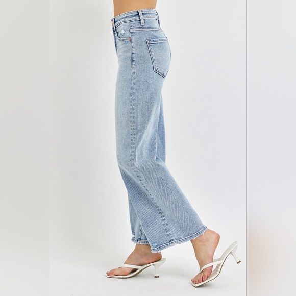 RISEN High-Rise Wide Leg Tummy Control Pants Distressed Cropped Denim Blue Jeans - Picture 10 of 15